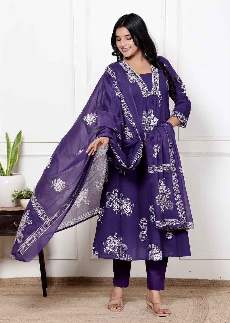 Purple Bloom Cotton Anarkali Set